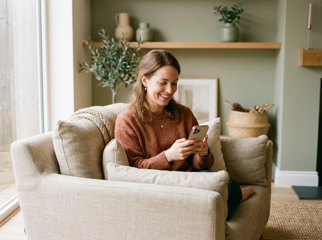 Madre usando su teléfono tranquila en casa