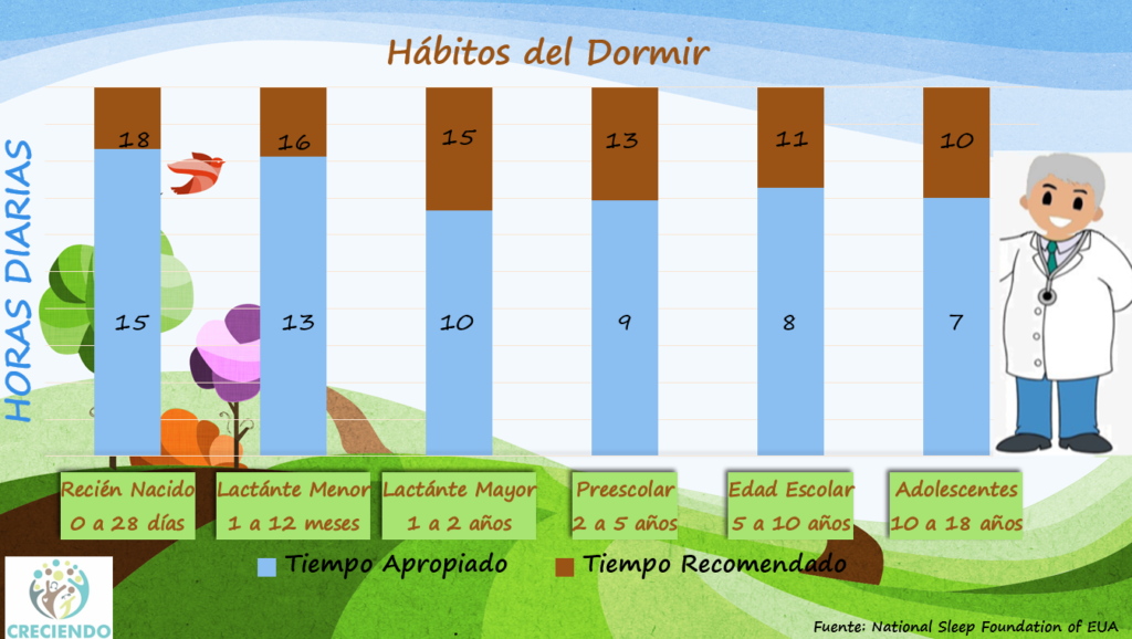Infografía Hábitos del Dormir: horas diarias de sueño apropiadas y recomendadas por edad, desde recién nacido hasta adolescentes. Fuente: National Sleep Foundation.
