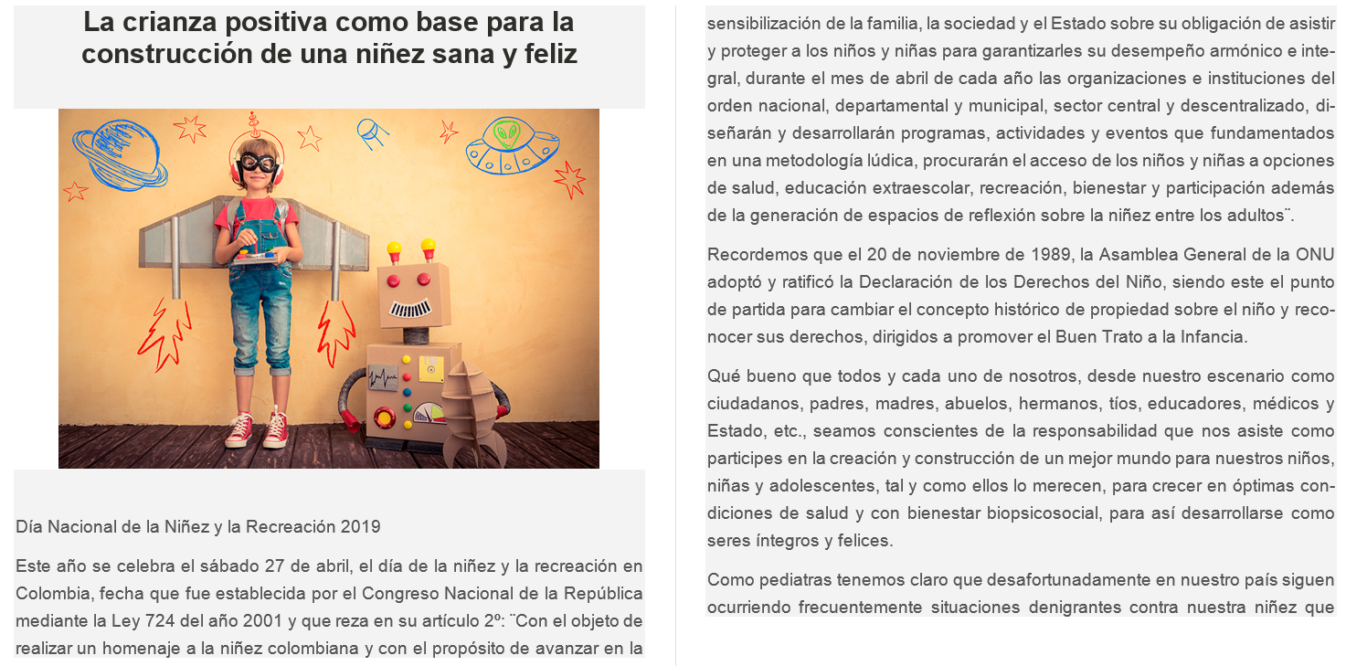 Documento: La crianza positiva como base para la construcción de una niñez sana y feliz — Día Nacional de la Niñez y la Recreación 2019, Sociedad Colombiana de Pediatría (página 1).