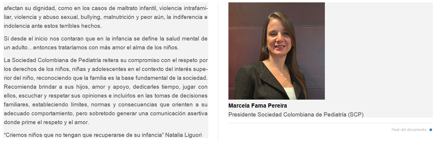 Documento: La crianza positiva — recomendaciones de la Sociedad Colombiana de Pediatría, con mensaje de Marcela Fama Pereira, presidente de la SCP (página 2).