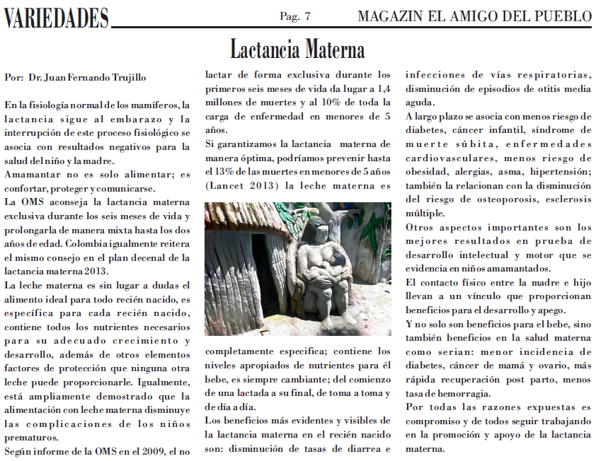 Página 7 del magazín El Amigo del Pueblo con la columna Lactancia Materna escrita por el Dr. Juan Fernando Trujillo.