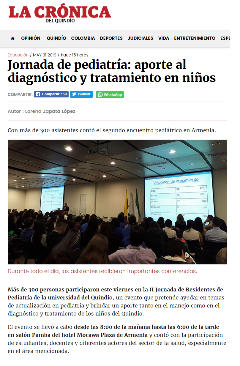 Nota de La Crónica del Quindío (31 de mayo de 2019): Jornada de pediatría, aporte al diagnóstico y tratamiento en niños — auditorio lleno durante las conferencias.