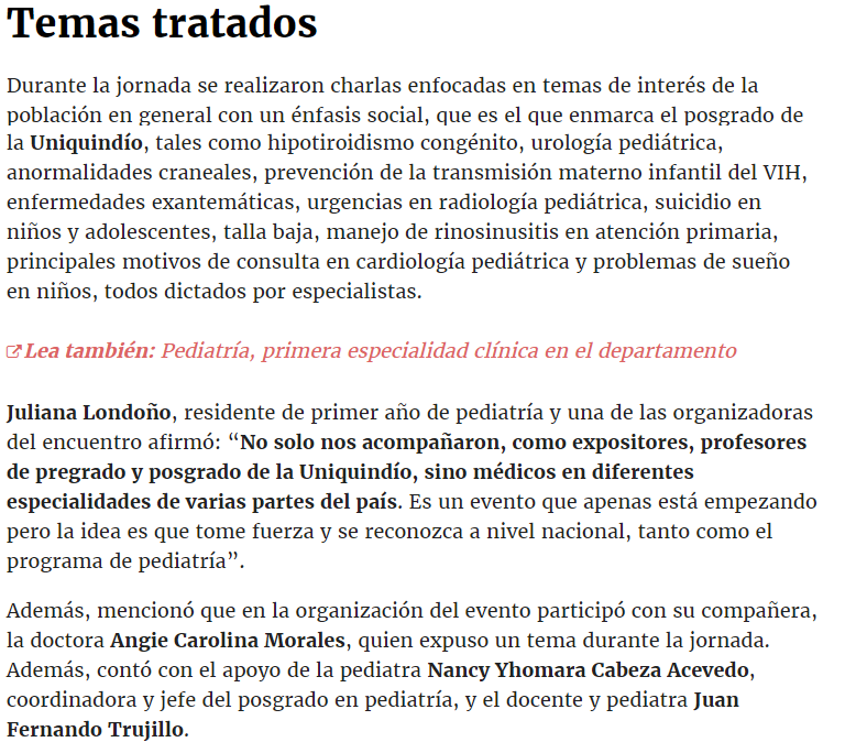 Recorte de La Crónica del Quindío: temas tratados en la II Jornada de Residentes de Pediatría de la Universidad del Quindío, con mención al docente y pediatra Juan Fernando Trujillo.
