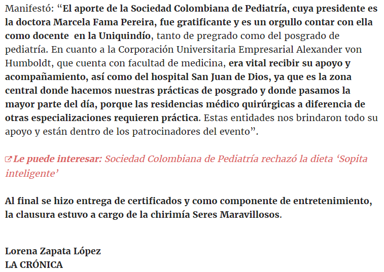 Cierre de la nota de La Crónica del Quindío con los agradecimientos a las instituciones que apoyaron la jornada de pediatría.