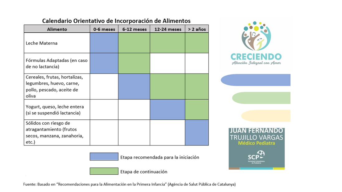 Calendario orientativo de incorporación de alimentos del Dr. Juan Fernando Trujillo Vargas, médico pediatra (SCP), basado en las recomendaciones de la Agència de Salut Pública de Catalunya.