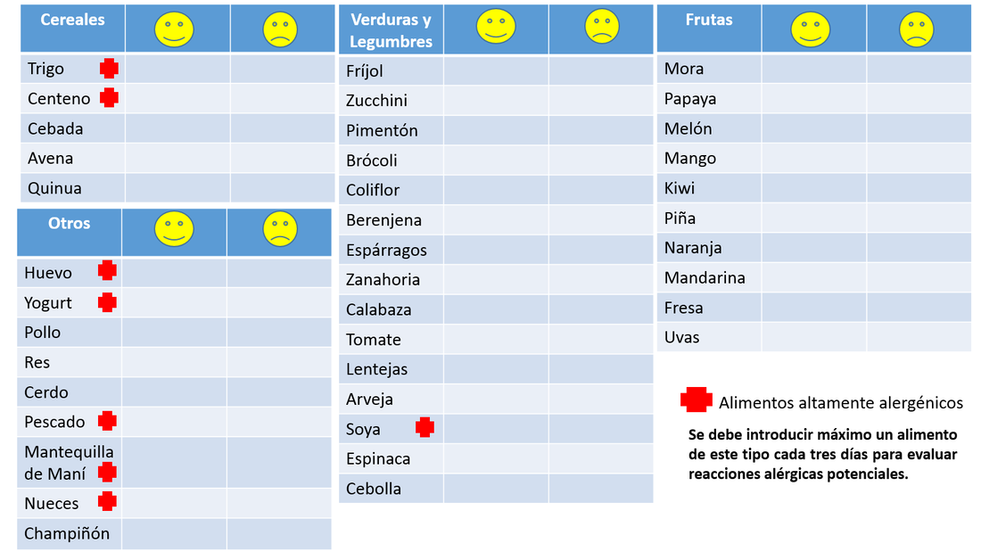 Lista de chequeo de alimentos para introducir de los 6 a los 9 meses: cereales, verduras y legumbres, frutas y otros; los marcados son altamente alergénicos y se introducen máximo uno cada tres días.