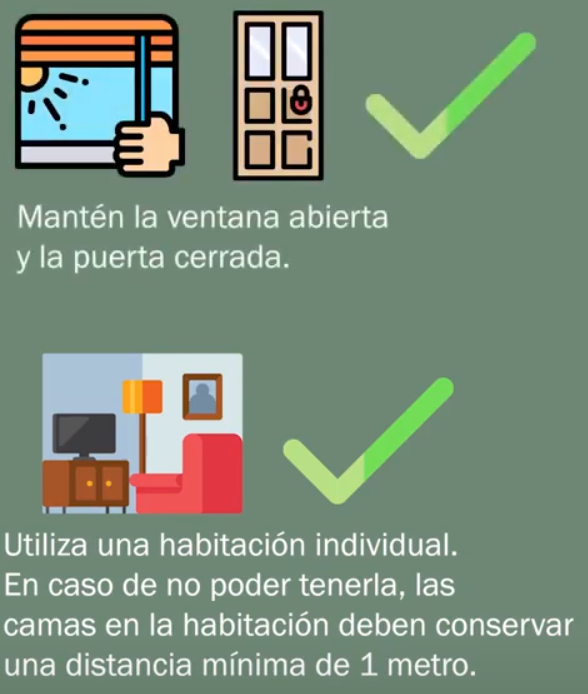 Consejos de habitación para el paciente: mantén la ventana abierta y la puerta cerrada; usa habitación individual o camas separadas mínimo 1 metro.