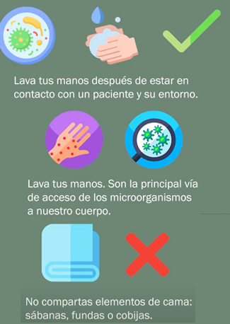 Consejos de higiene: lava tus manos después del contacto con el paciente y su entorno; no compartas sábanas, fundas ni cobijas.