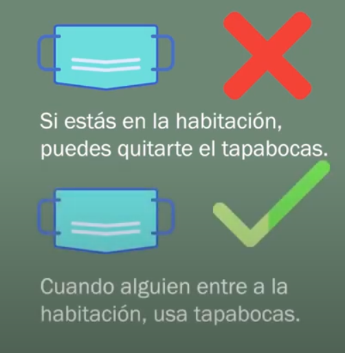 Uso del tapabocas en aislamiento: solo en la habitación puedes quitártelo; cuando alguien entre, úsalo.