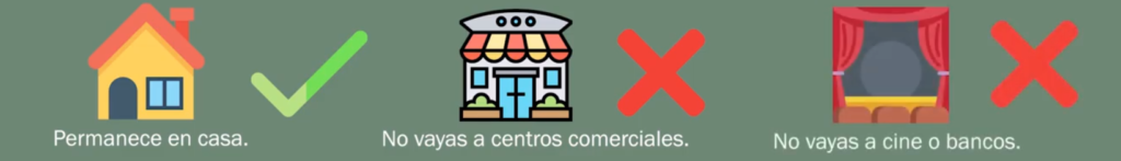 Consejos de aislamiento: permanece en casa; no vayas a centros comerciales, cine ni bancos.