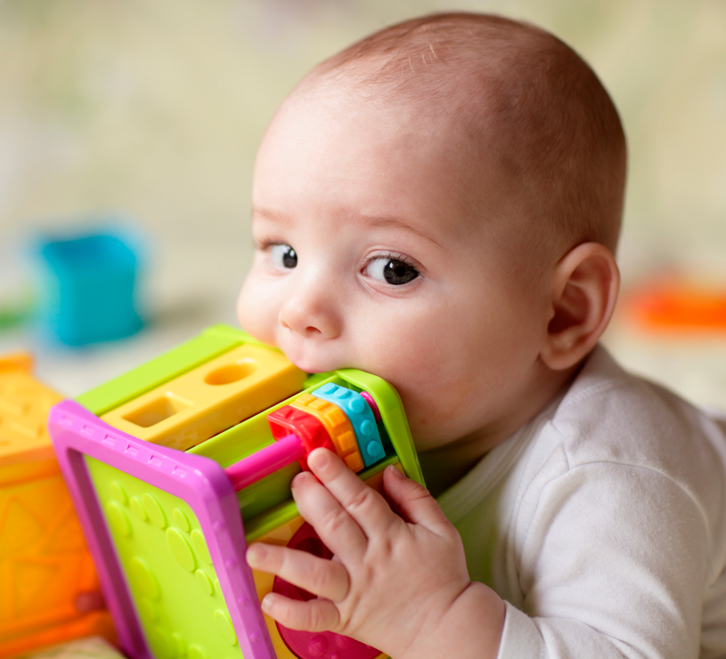 Bebé de 4 a 8 meses explorando un juguete didáctico con las manos y la boca.