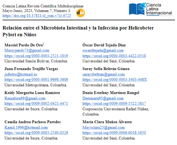 Primera página del artículo científico en Ciencia Latina Revista Científica Multidisciplinar (mayo-junio 2023, vol. 7, n.º 3): Relación entre el Microbiota Intestinal y la Infección por Helicobacter Pylori en Niños.