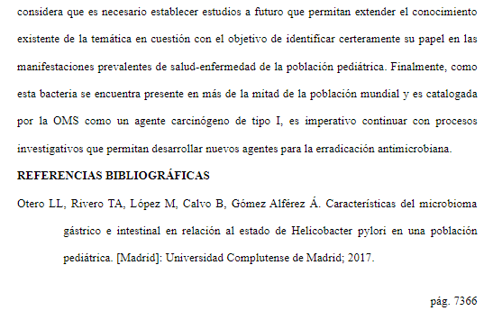 Página 20 del artículo científico sobre microbiota intestinal y Helicobacter pylori en niños (Ciencia Latina, 2023).