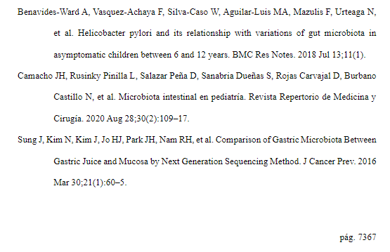 Página 22 del artículo científico sobre microbiota intestinal y Helicobacter pylori en niños (Ciencia Latina, 2023).