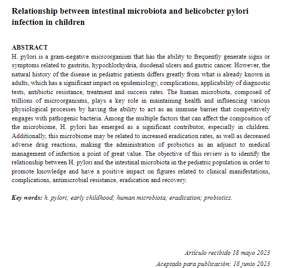 Página 3 del artículo científico sobre microbiota intestinal y Helicobacter pylori en niños (Ciencia Latina, 2023).